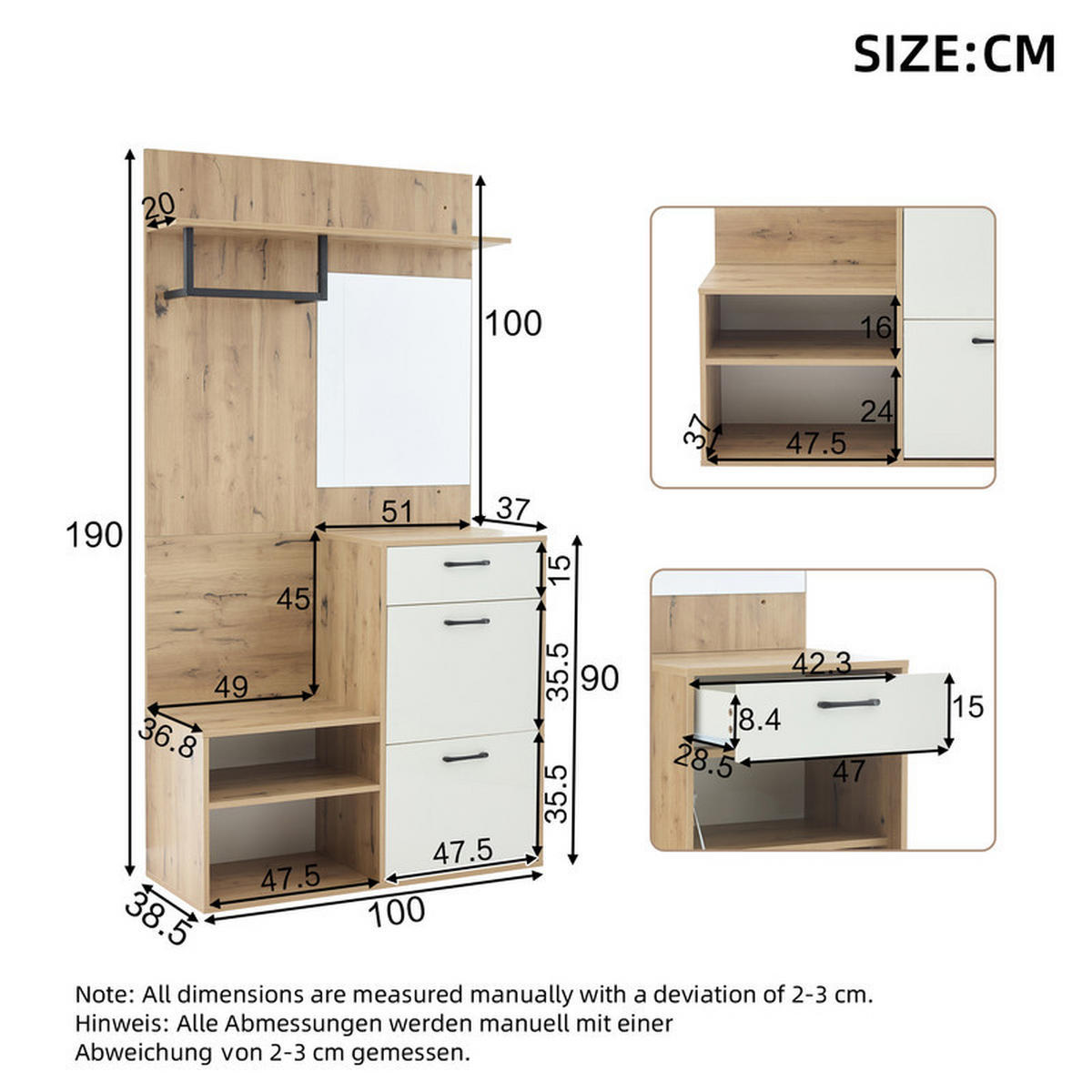 GARDEROBEN-SET WEISS mit Spiegel und Schuhbank 100x38.5x190 cm - Braun, Holzwerkstoff (38.5/190/100cm) - Fuleadture