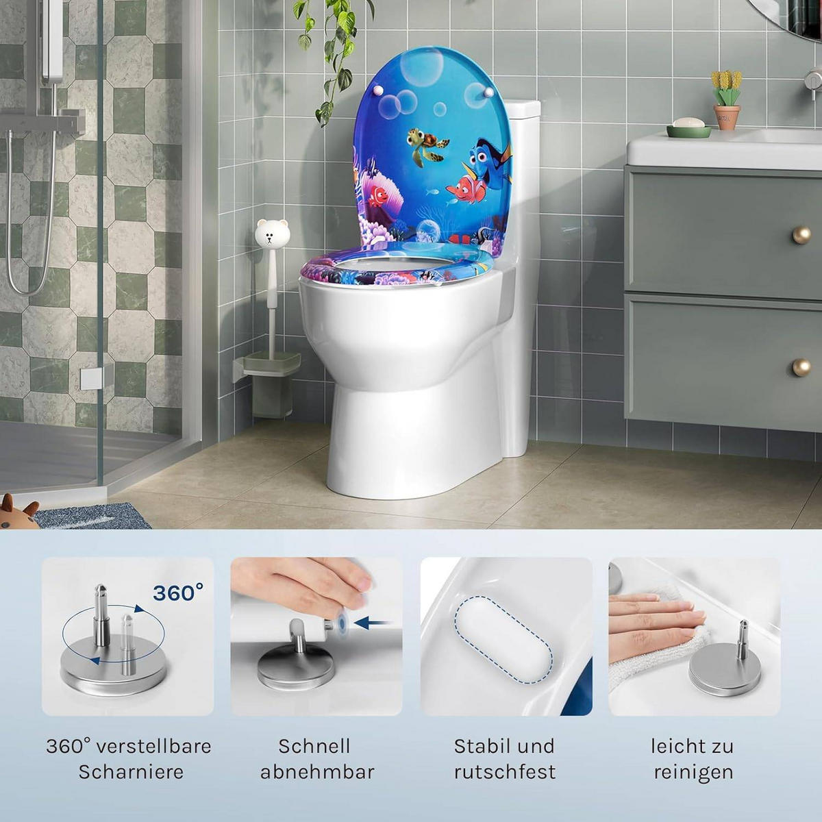 WC SITZ mit Absenkautomatik, Duroplast, Fische Oval - Blau/Weiß, Kunststoff (37/2.51/45cm) - Woltu