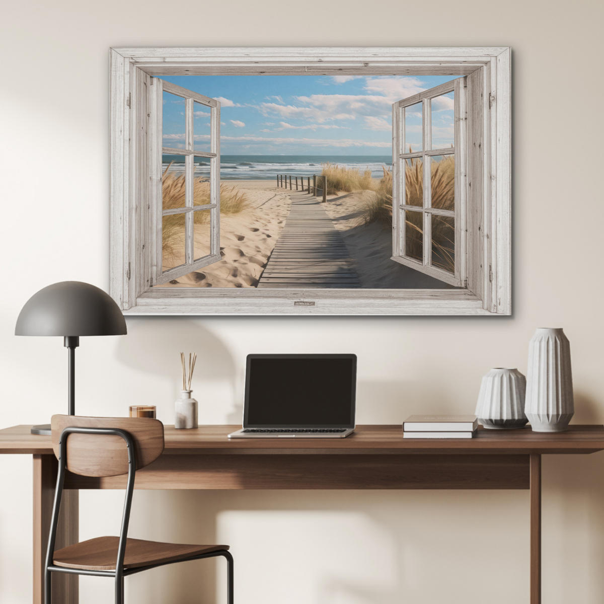 AKUSTIKPANEEL Fenster - Meer - Küste - Natur - Ausblick - Strand - Wattenmeer 100x70 cm - Beige, Textil (100/0.9/70cm) - MuchoWow