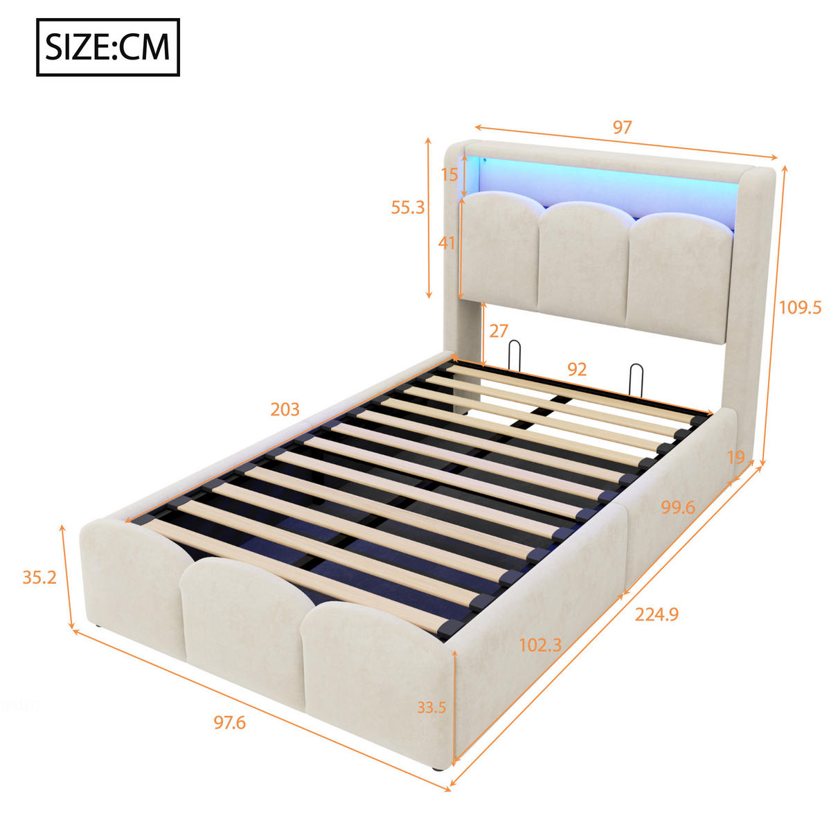 POLSTERBETT 90x200 cm in Beige mit LED, USB-C und hydraulischem Stauraum - Beige, Textil (90/200cm) - IVMEU