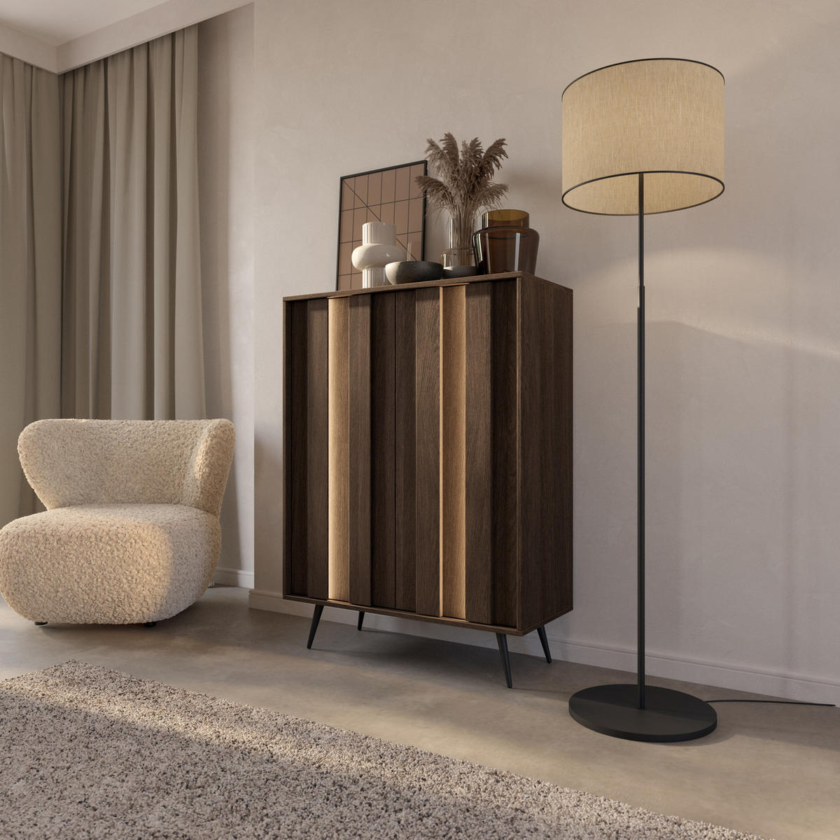 KOMMODE mit LED Resta, 94 cm, Mettalbeine, Eiche Dunin - Eichefarben/Schwarz, Holz/Metall (94/126/40cm) - Emporius