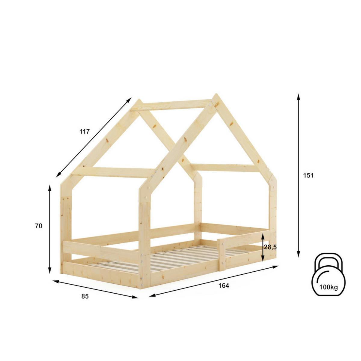 HAUSBETT Kinderbett 160x80cm aus Kiefernholz - Naturfarben, Holz (80/160cm) - Interbeds