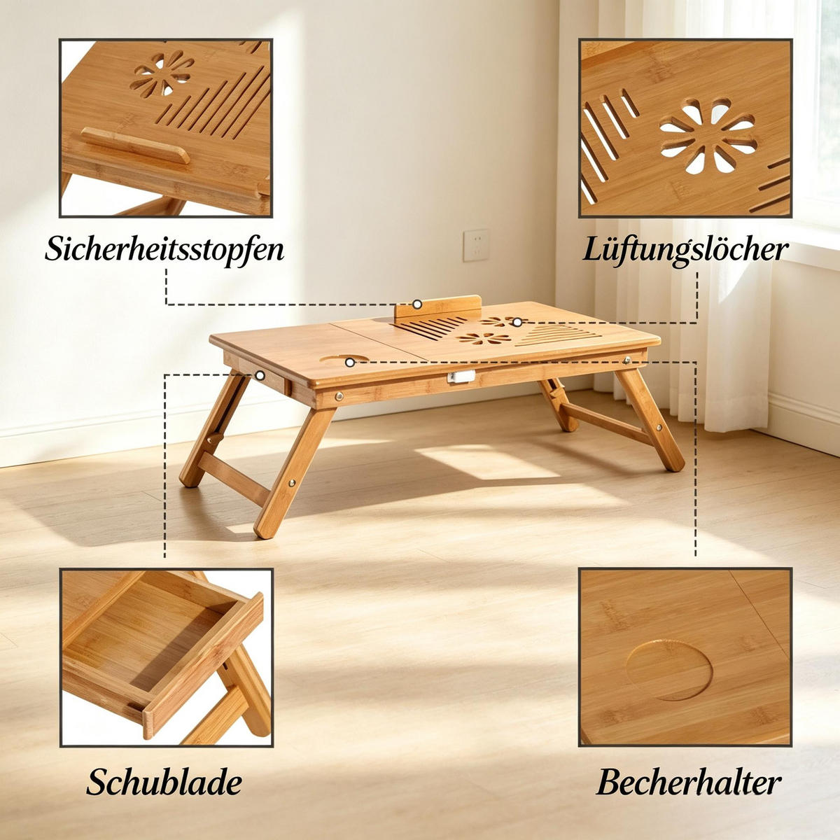 LAPTOPTISCH DE-37258 klappbar höhenverstellbar mit Schublade Natur - Naturfarben, Naturmaterialien (55/35/32.5cm) - ComfortXL