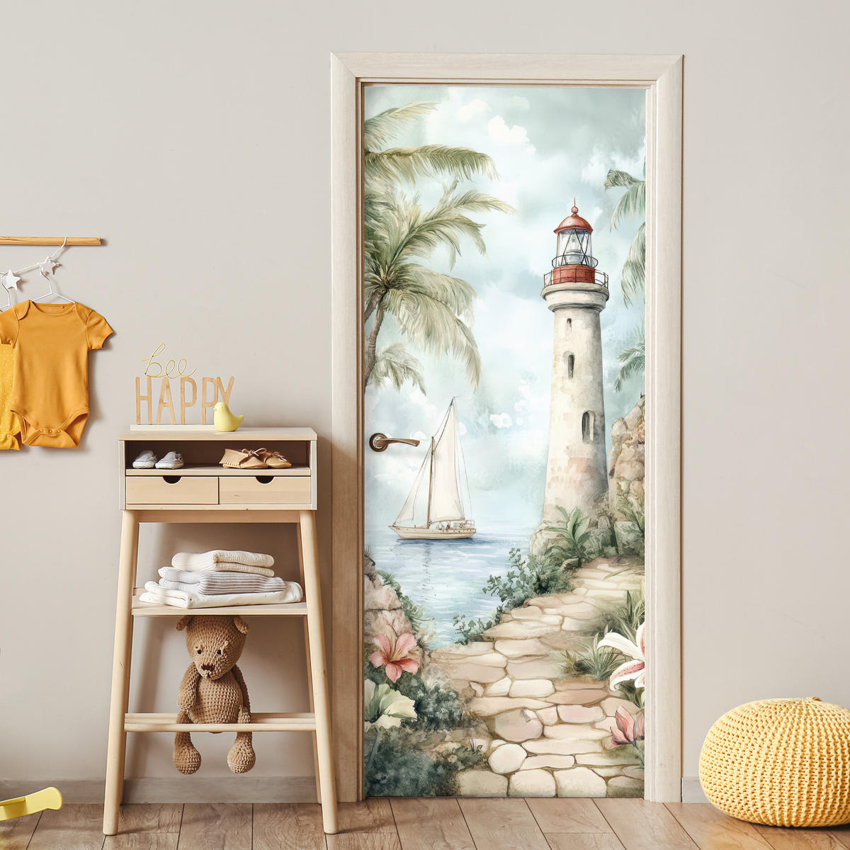 FOTOTAPETE Tür - Leuchtturm - Natur - Landschaft - Boot 95x215 cm - Eichefarben, Kunststoff (95/0.1cm) - MuchoWow