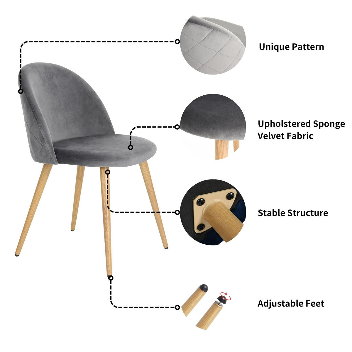 STUHL-SET 2 Stück in Samt grau - Eichefarben/Grau, Holzwerkstoff/Textil (55.5/78/47cm) - Urban Meuble