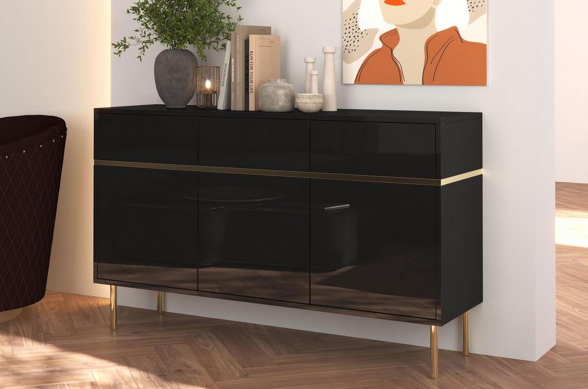 SIDEBOARD Marika, Schwarz, Gold, Hochglanz - Goldfarben/Schwarz, Holzwerkstoff/Metall (137.5/85/39.5cm) - Dancan