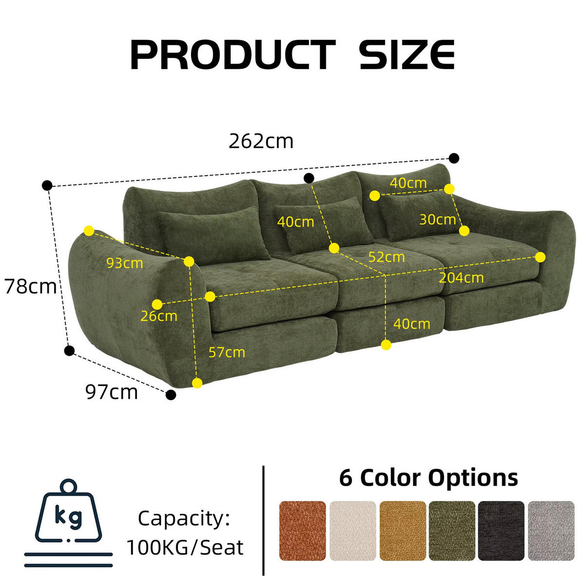 SCHLAFSOFA 3-Sitzer Chenille, Modernes Lounge Sofa ohne Aufbau, Grün - Grün, Textil (262/78/97cm) - Kaket