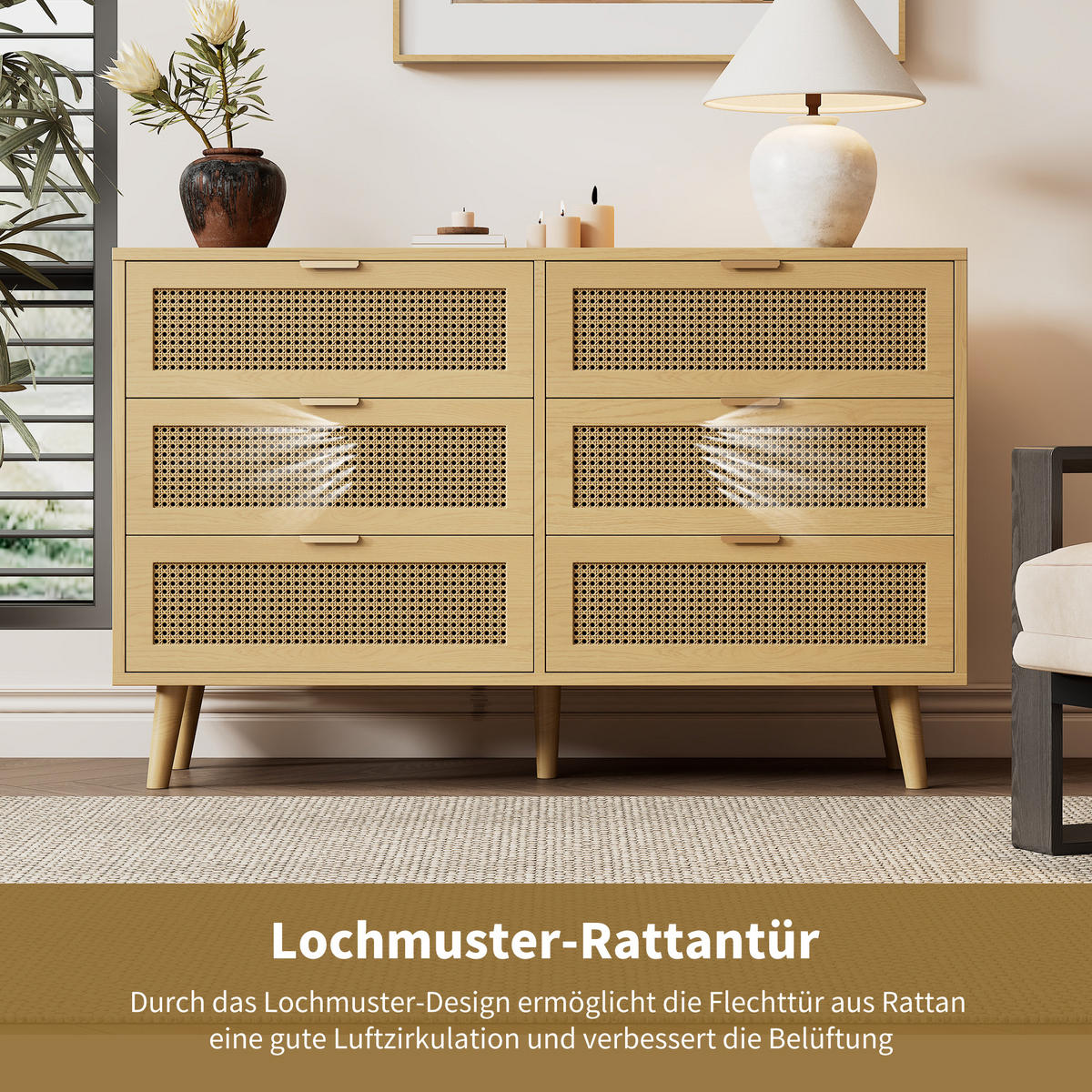 KOMMODE mit 6 Schubladen Holz Sideboard 120x40x76.5cm - Eichefarben, Holzwerkstoff (40/76.5/120cm) - FLIEKS