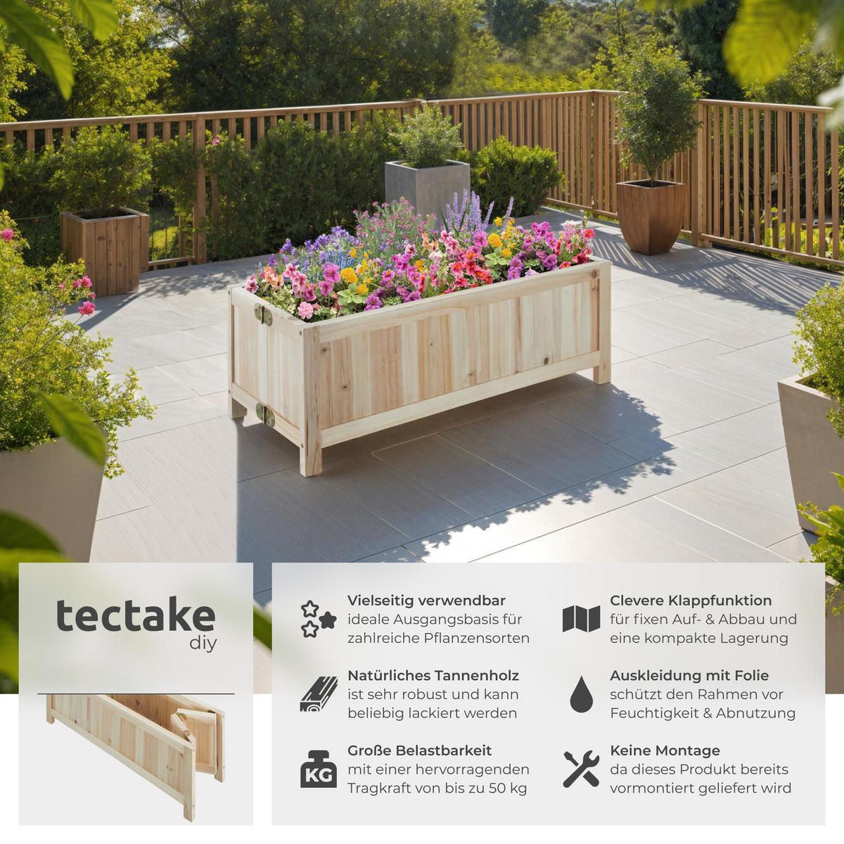 HOCHBEET Blomster,70 x 30 x 25 cm, Belastbarkeit 50 kg,braun - Braun, Holz (70/25/30cm) - tectake