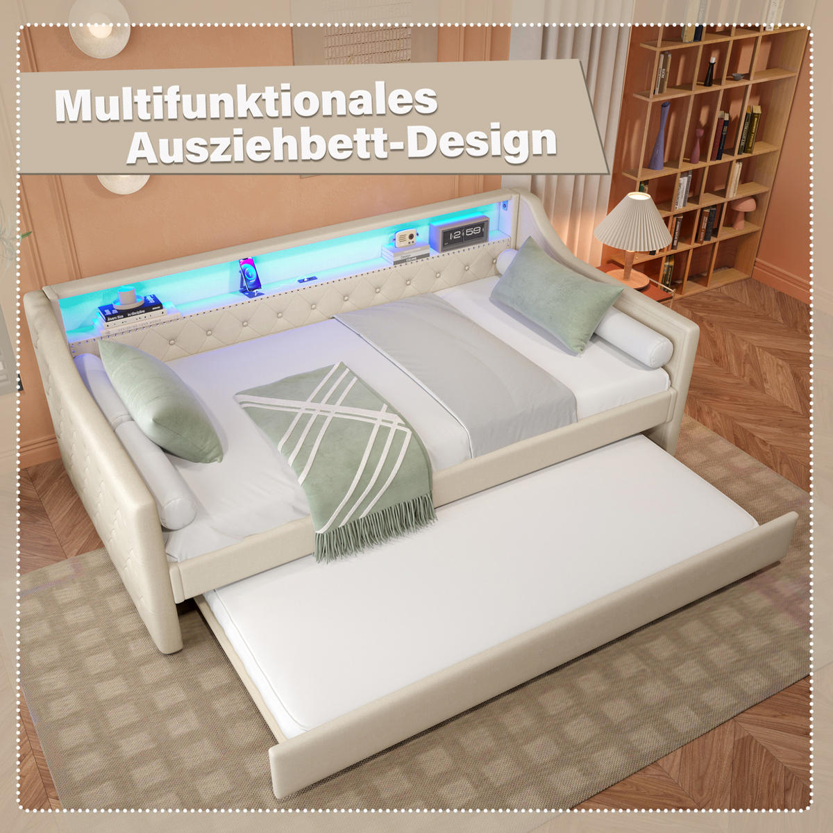POLSTERBETT 90/200 cm Beige aus Leinen mit Ausziehbett und LED-Beleuchtung - Beige, Textil (90/200cm) - OKMYHOME