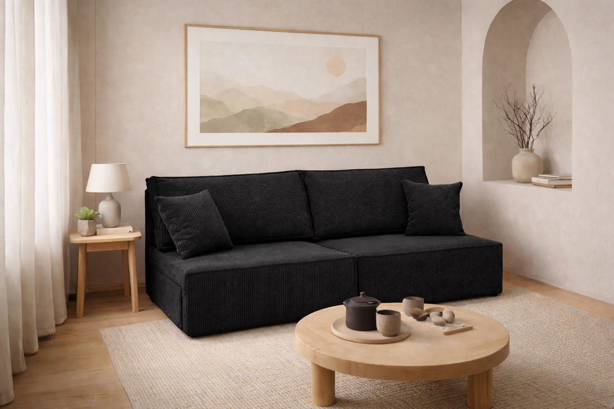 SOFA Mit Schlaffunktion Und Bettkasten, Cordstoff Poso, Schwarz, BEST MINI - Schwarz, Holz (200/83/98cm) - Kaiser Möbel