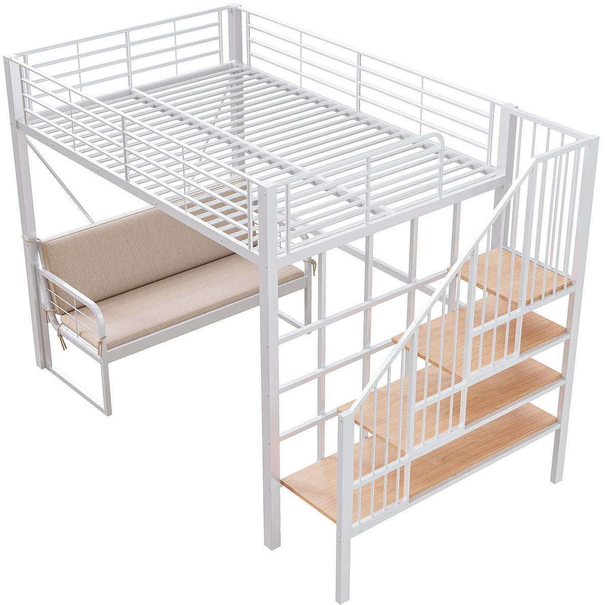 ETAGENBETT 140/200 cm weiß aus Metall/MDF mit Sofa und Treppe - Weiß, Holzwerkstoff (140/200cm) - OKWISH