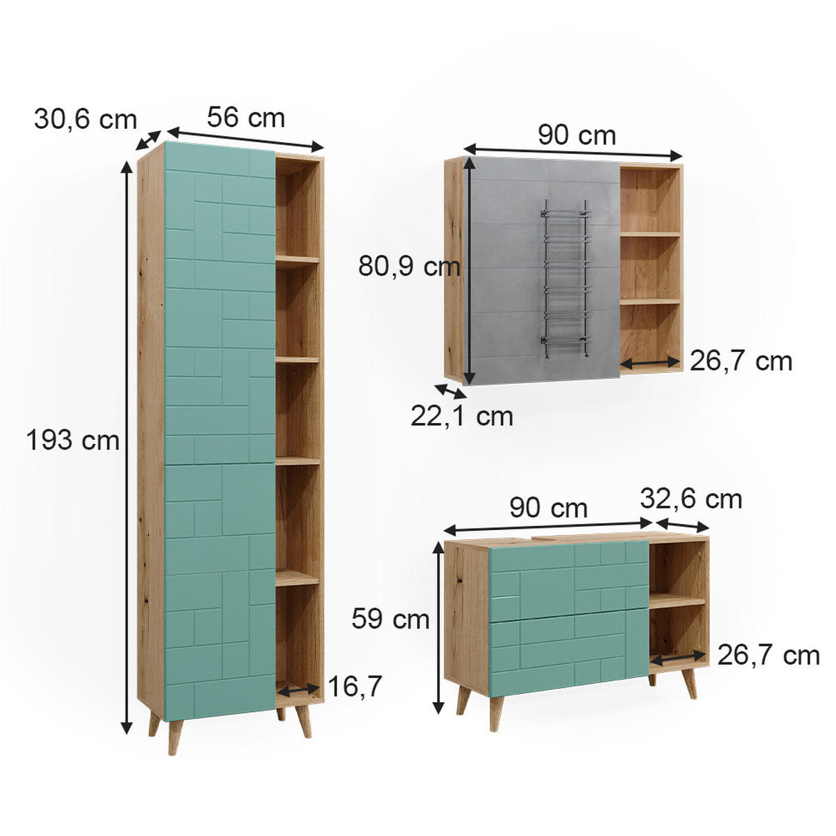 BADMÖBEL-SET Rudi Mintgrün 3 Teile, mit Hochschrank - Eichefarben/Mintgrün, Holzwerkstoff (90/59/32cm) - Vicco