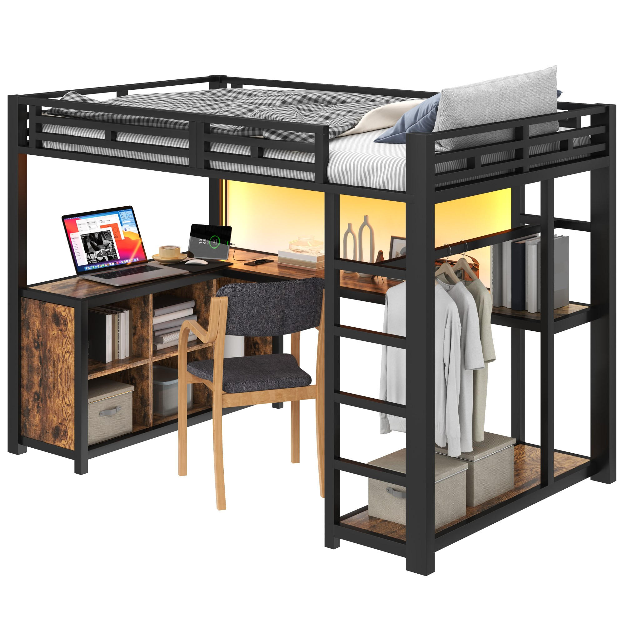 METALL-HOCHBETT 140/200 cm, Schwarz mit Schreibtisch und Stauraum - Schwarz, Metall (140/200cm) - MIVRAY