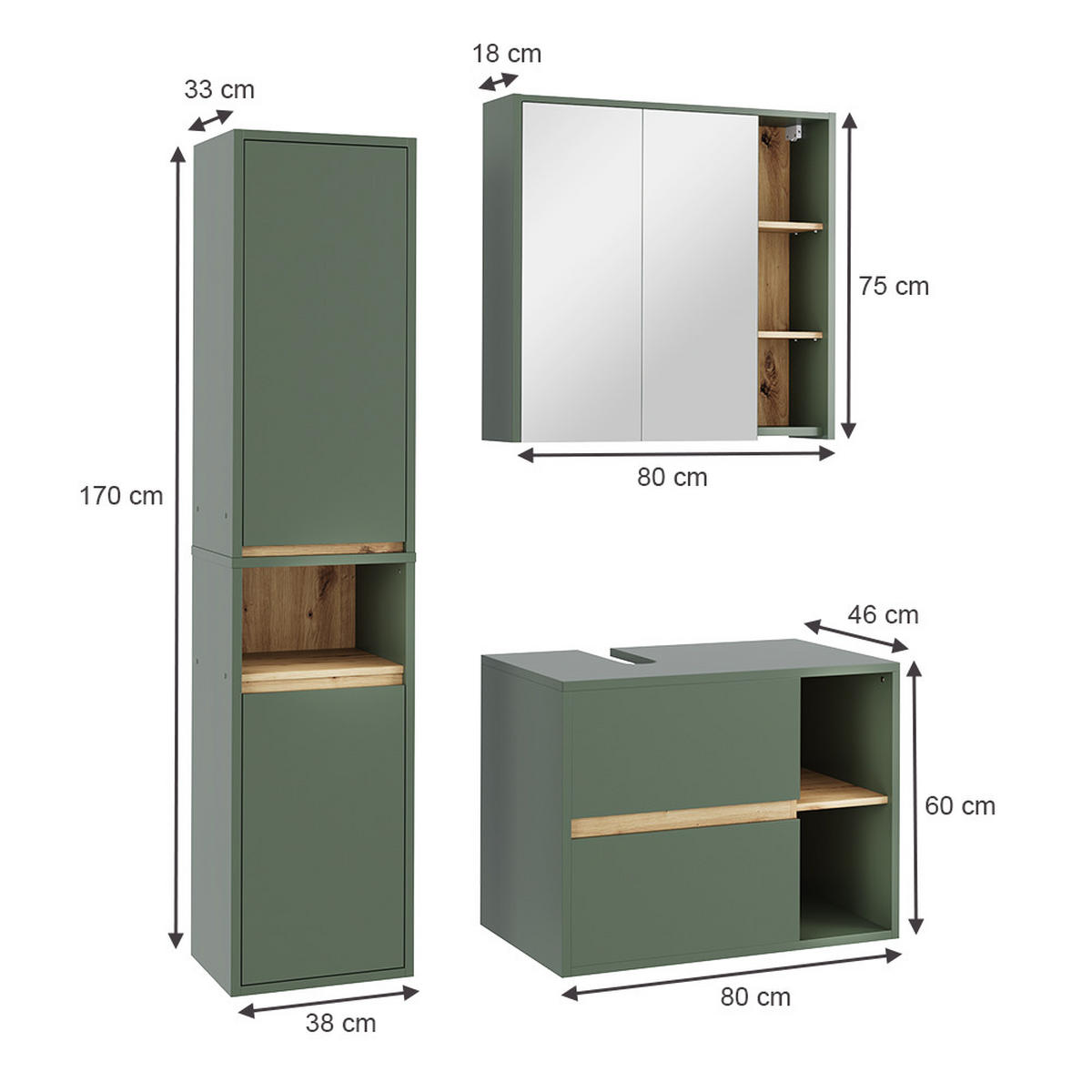 SADA KOUPELNOVÉHO NÁBYTKU Viola Zelená/umělecká - dub artisan/zelená barva, kompozitní dřevo (80/60/46cm) - Vicco