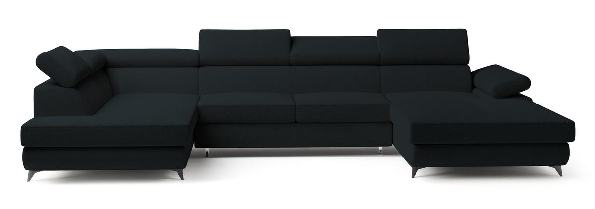 WOHNLANDSCHAFT RUBANO L-S Schwarz Boucle-Stoff mit Schlaffunktion - Schwarz, Holz (339/89/190cm) - MASSENO
