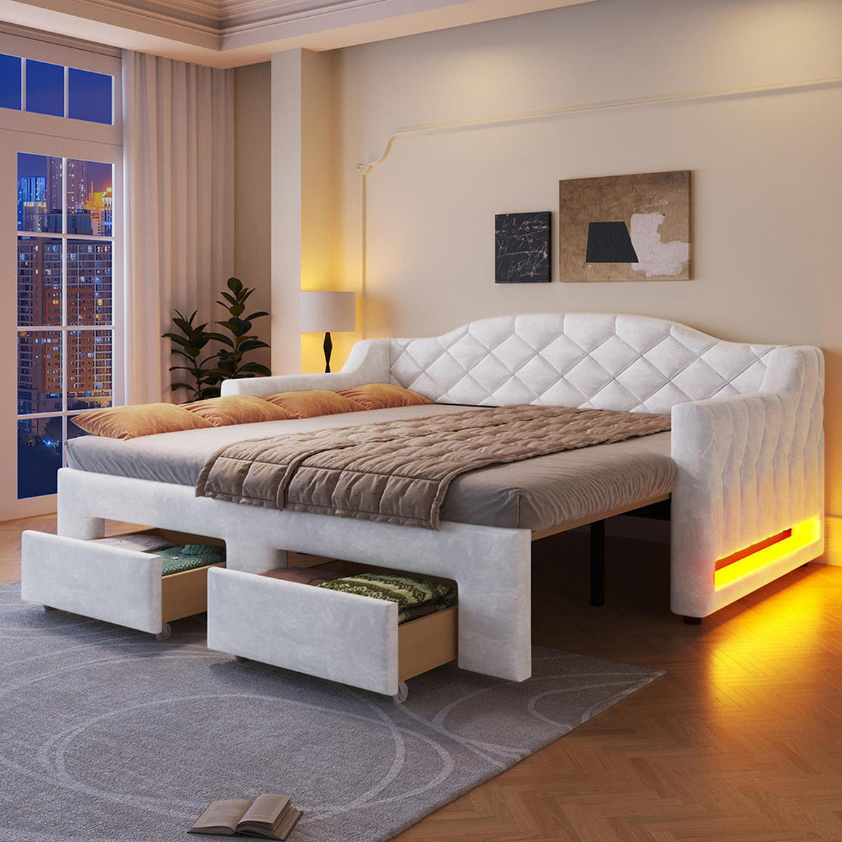 TAGESBETT 90x200 bis 180x200 cm mit zwei Schubladen und LED-Beleuchtung, Weiß - Weiß, Holz (90/200cm) - KOMHTOM