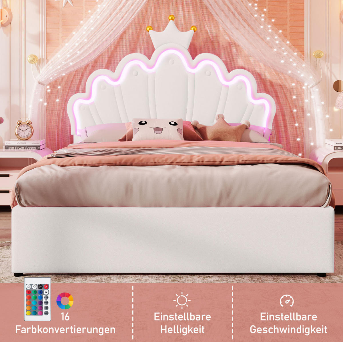 KINDERBETT 140/200 cm in Weiß mit LED-Licht, 2 Schubladen und verstellbarem Kopfteil - Weiß, Leder (140/200cm) - BEAOK