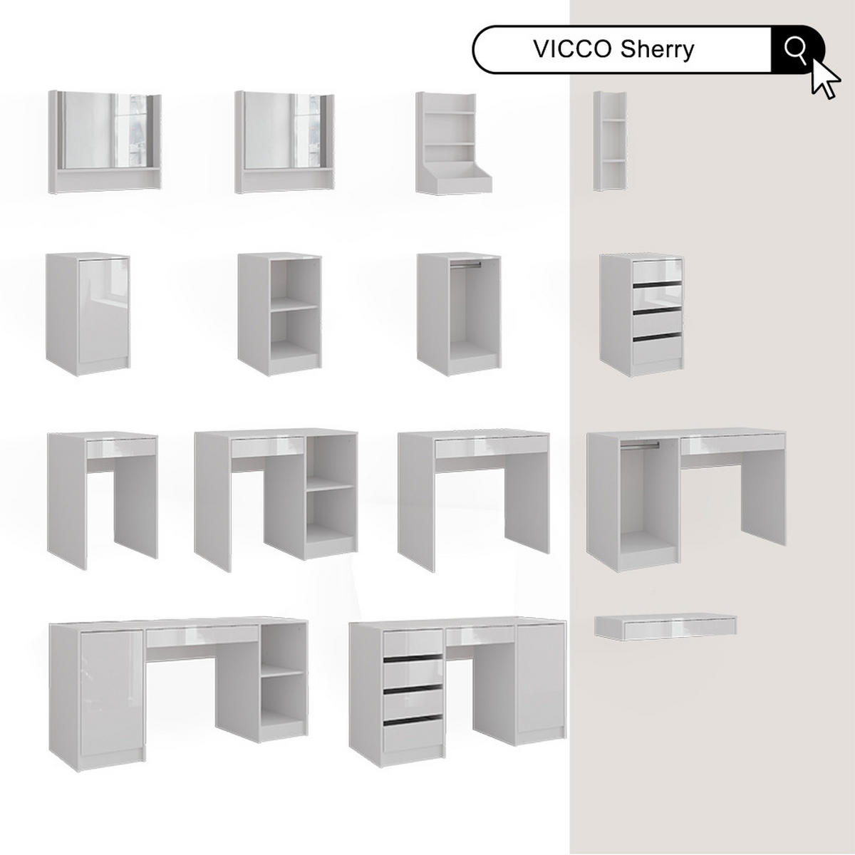SCHMINKTISCH Sherry Weiß/Weiß Hochglanz 89.8 cm 4 Teile - Weiß Hochglanz, Holzwerkstoff (89.8/76/50.1cm) - Vicco