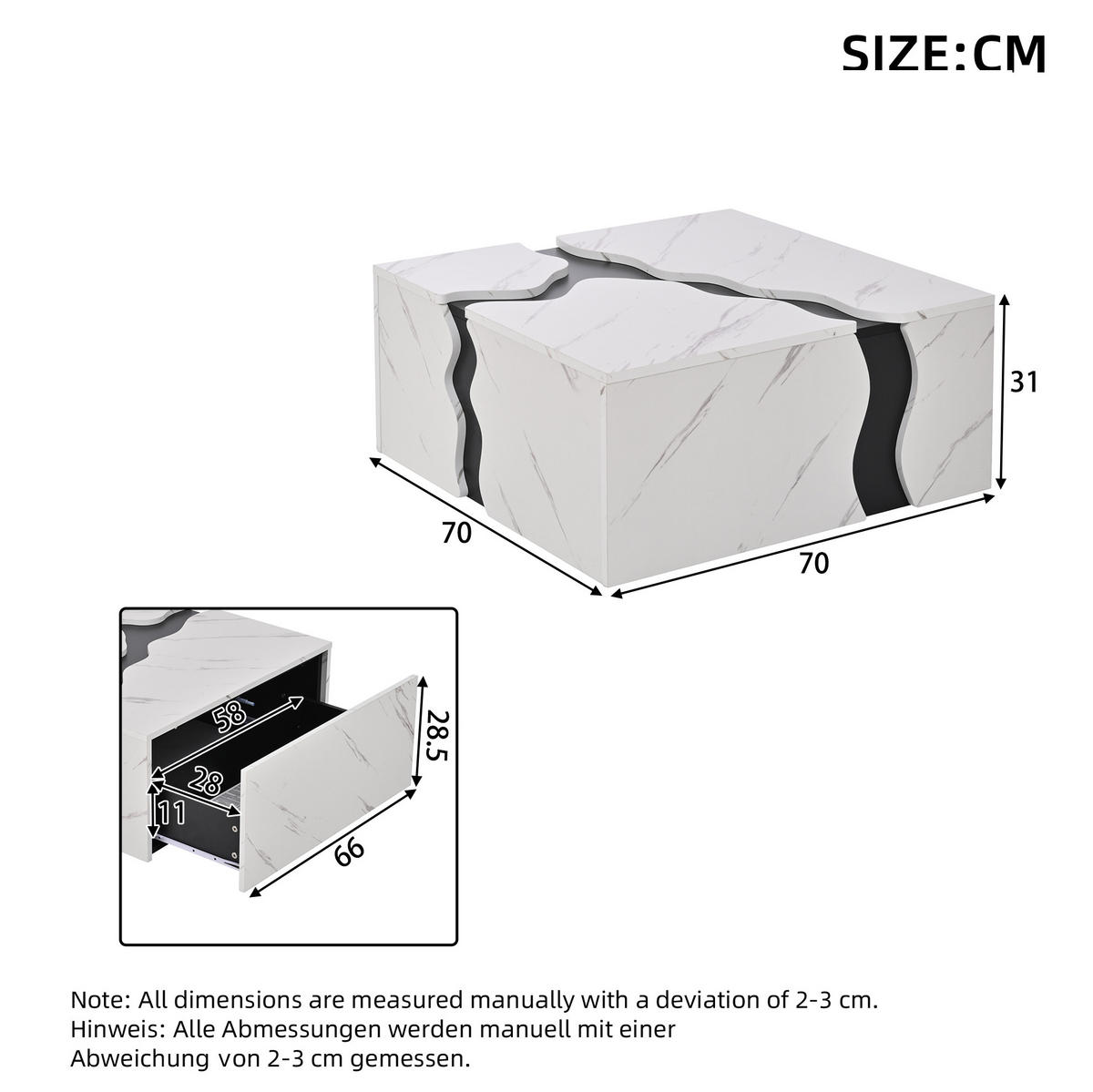 KONFERENČNÍ stolek z dřevotřísky 70x70x31 cm bílý s 1 zásuvkou v mramorovém vzhledu a geometrickým designem - bílá, kompozitní dřevo (70/70/31cm) - Modfu
