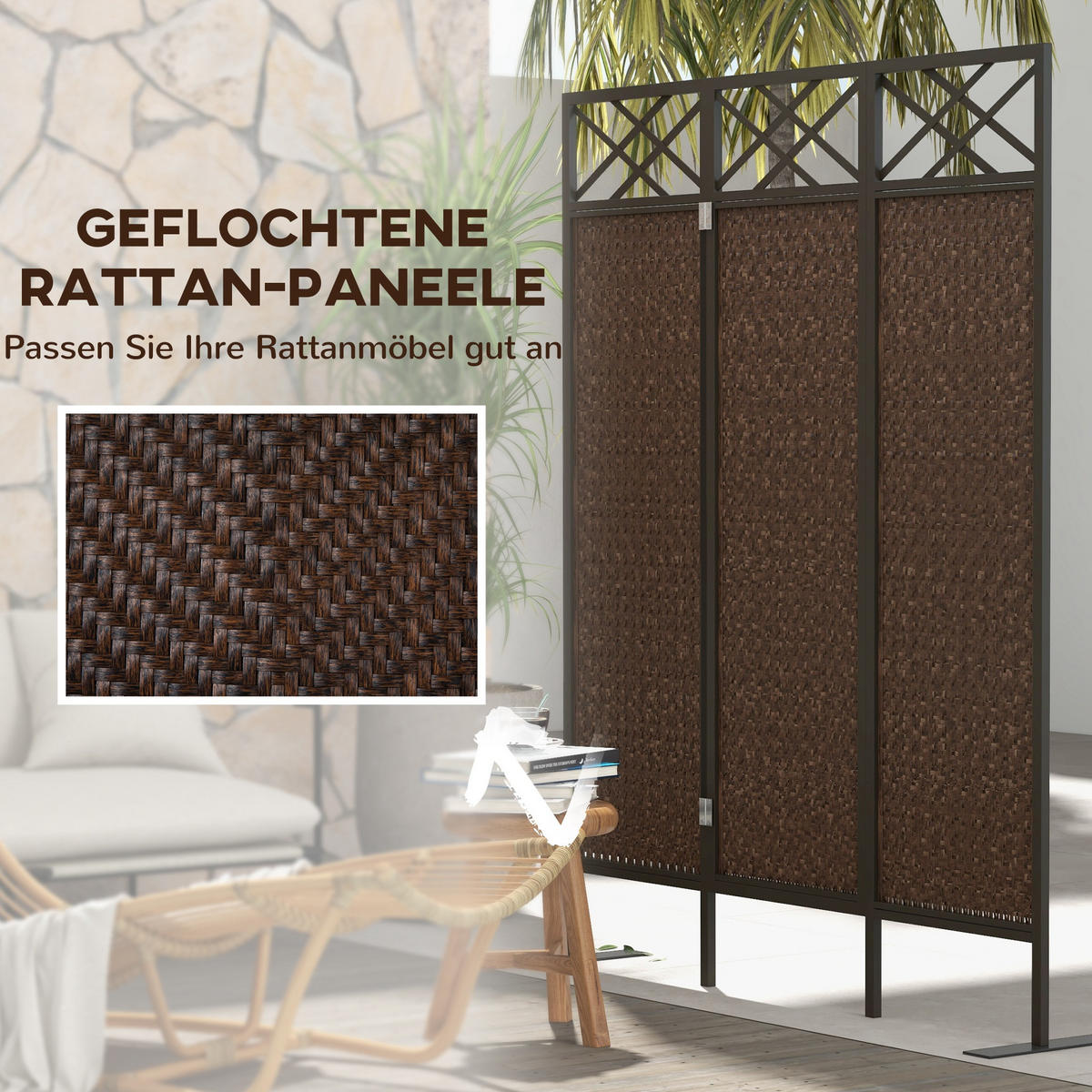 PARAVANT, PE-Rattan, Stahl, Braun - Braun, Metall (33/181/148cm) - Outsunny