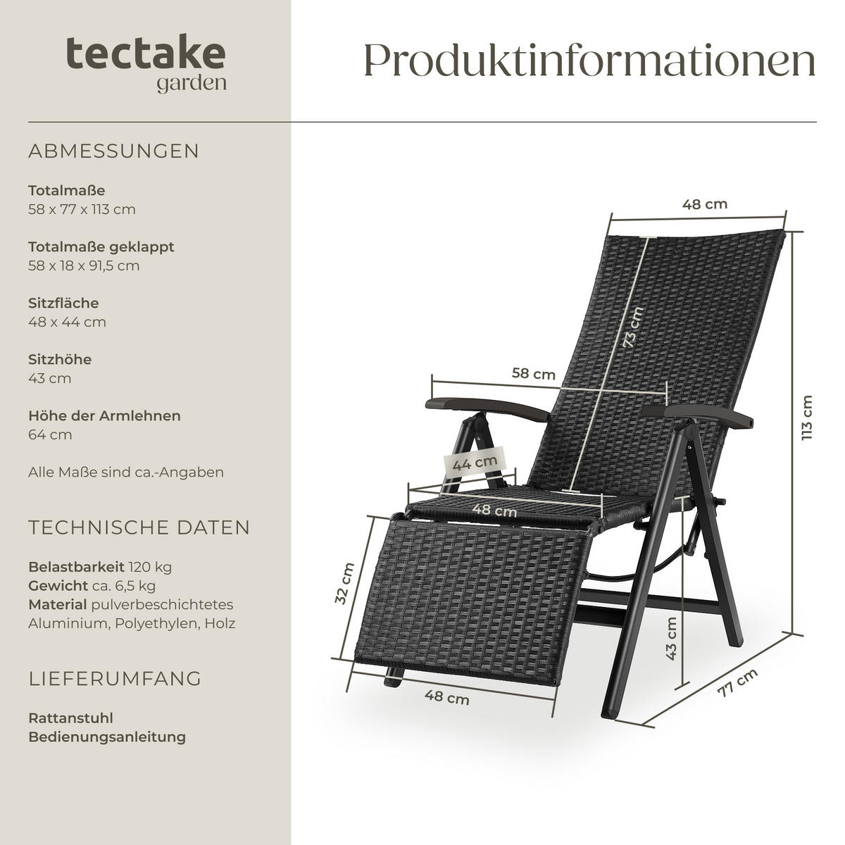 RATTANSTUHL Brisbane ,58 x 77 x 113 cm,schwarz - Schwarz, Kunststoff (58/113/77cm) - tectake