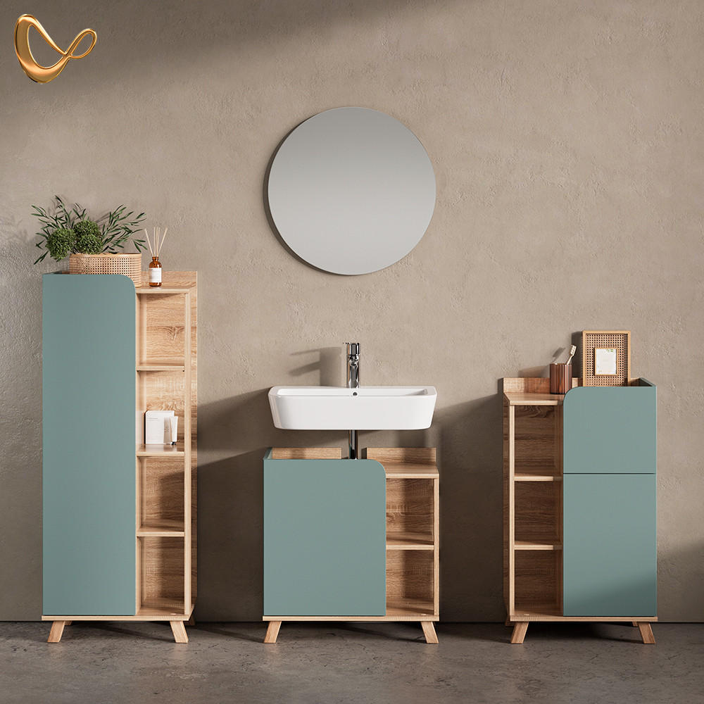 BADMÖBEL-SET Marano Blau-Grau 4 Teile - Blaugrau/Sonoma Eiche, Holzwerkstoff (35/65/60cm) - Livinity®