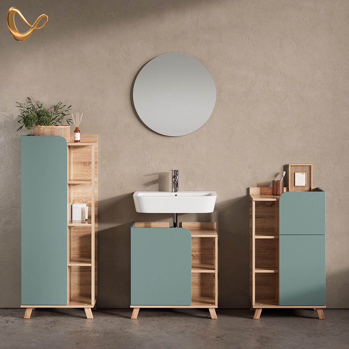 BADMÖBEL-SET Marano Blau-Grau 4 Teile - Blaugrau/Sonoma Eiche, Holzwerkstoff (35/65/60cm) - Livinity®