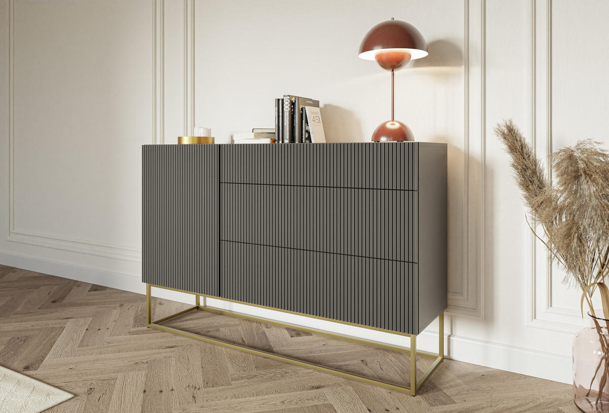 SIDEBOARD Veldio Schwarz mit 3 Schubladen 140 cm - Goldfarben/Schwarz, Holzwerkstoff/Metall (140/90/38cm) - Selsey