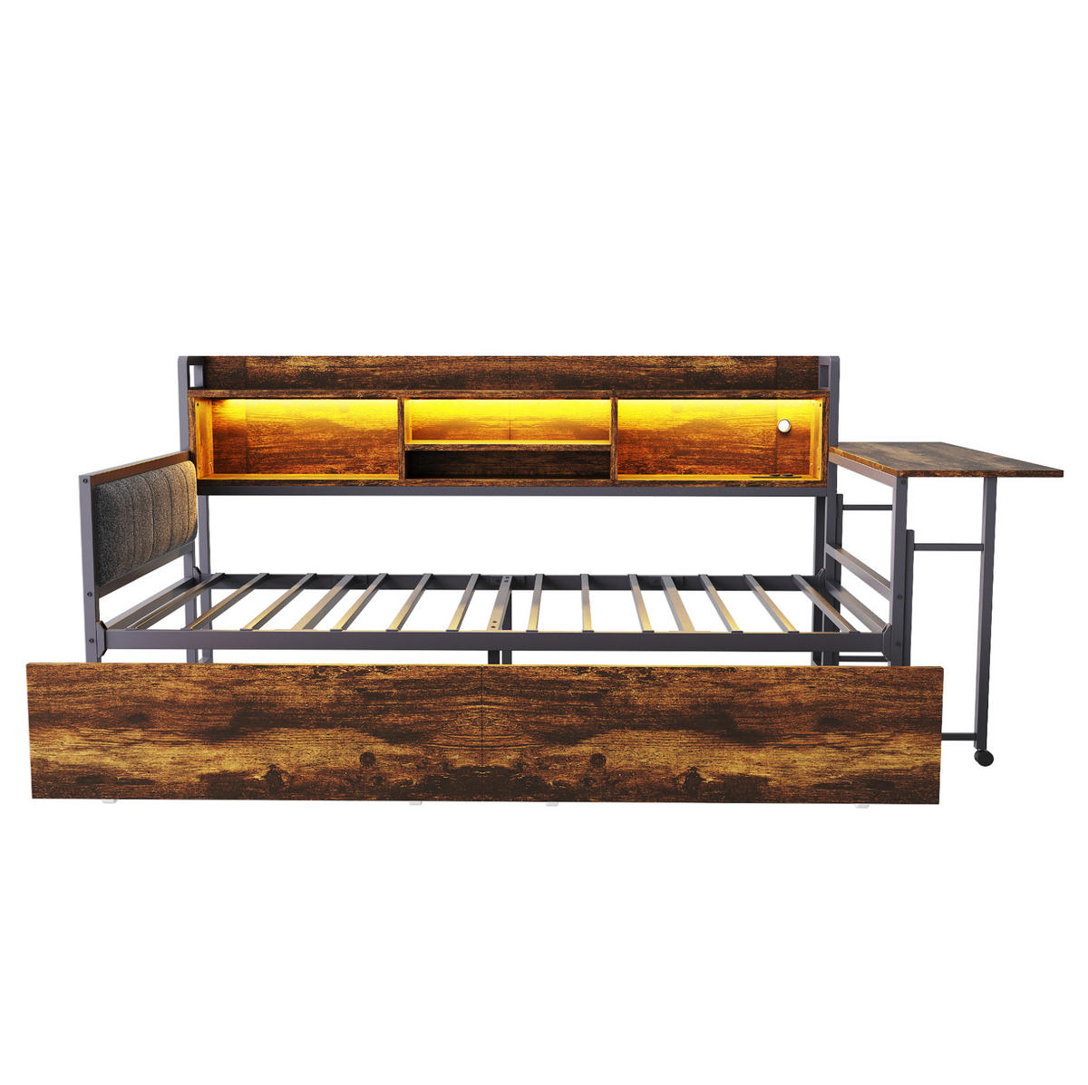 EINZELBETT 90/200 cm mit LED, Steckdose, Klappschreibtisch und 2 Schubladen, Metall, Weiß/ farbe - Naturfarben, Metall (90/200cm) - Redom
