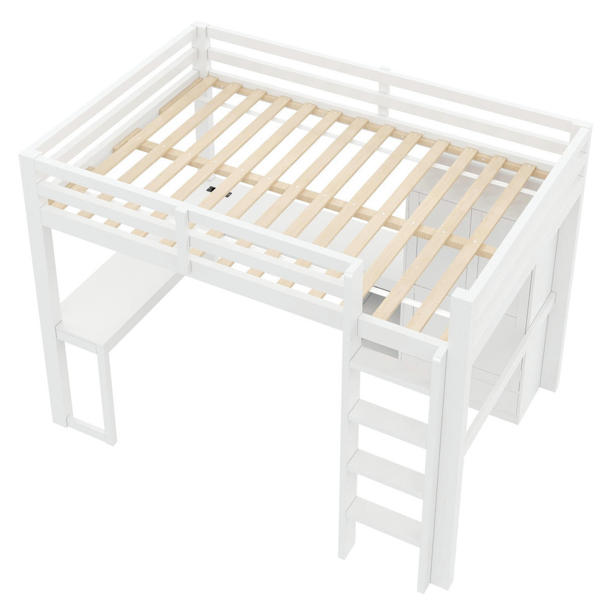 HOCHBETT aus Kiefernholz 140x200 cm Weiß mit Schreibtisch, Kleiderschrank, USB-Anschluss und LED-Beleuchtung - Weiß, Holzwerkstoff (140/200cm) - Modfu