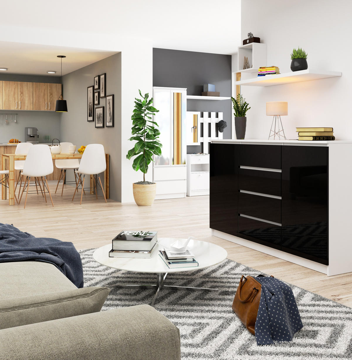 KOMMODE Weiß, Schwarz Glanz 99/160/40 - Weiß, Holzwerkstoff (160/99/40cm) - RAUMHIRSCH FURNITURE