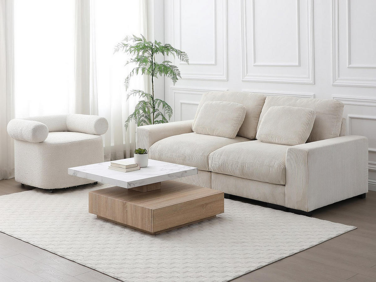 COUCHTISCH drehbar - 1 Schublade - MDF - Marmor-Optik Weiß & Holzfarben - KYRIA - Naturfarben, Holz (80/80/36cm) - Vente-Unique