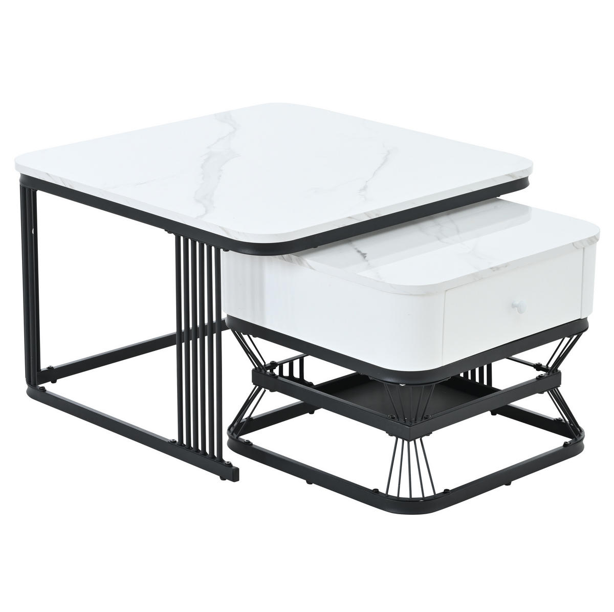 COUCHTISCH-SET, Hochglanz-Marmoroptik mit schwarzem Metallrahmen, 1 Schublade, 70/70/45 + 50/50/40 cm,Weiß - Weiß, Holzwerkstoff (70/70/45cm) - Redom
