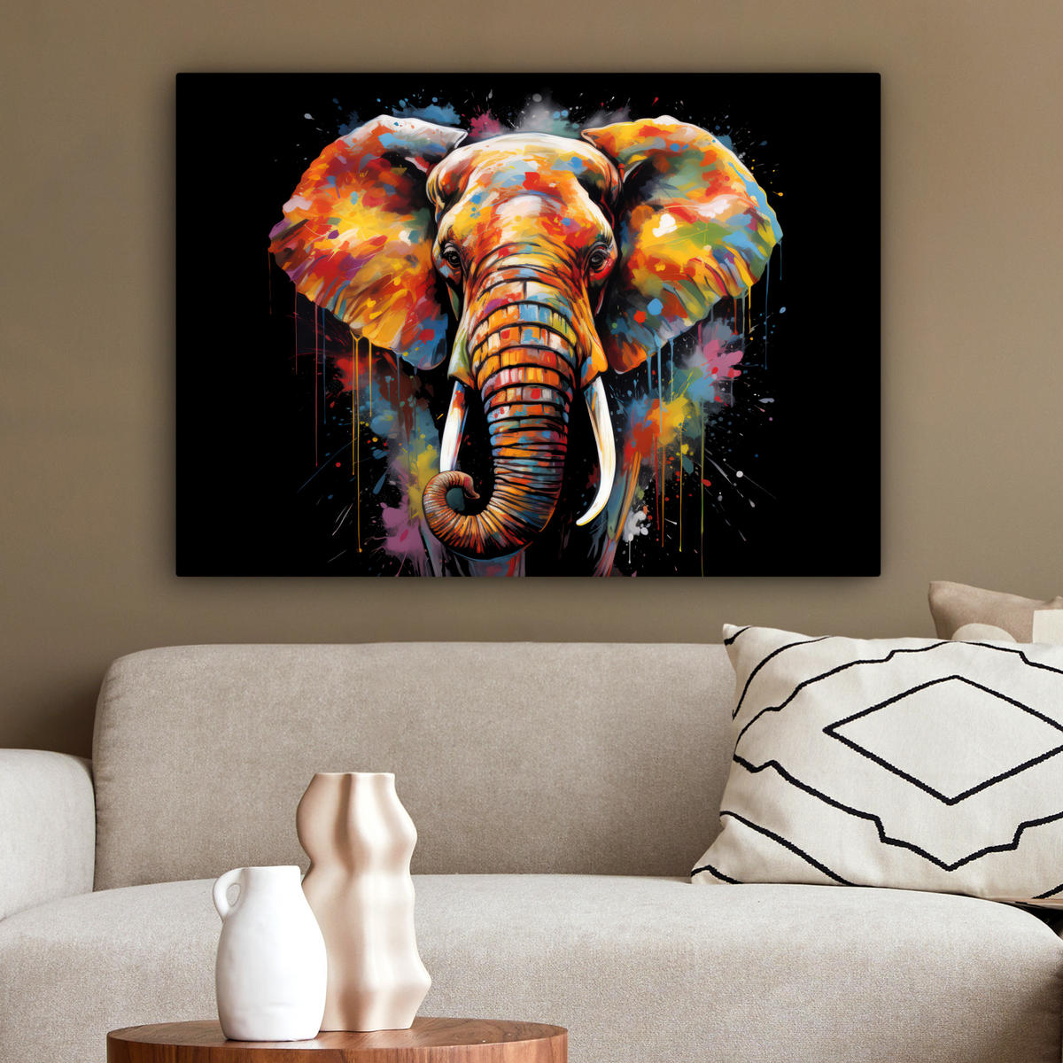 LEINWANDBILD Elefant - Graffiti - Schwarz - Tiere - Farben 80x60 cm - Schwarz, Textil (80/60cm) - MuchoWow