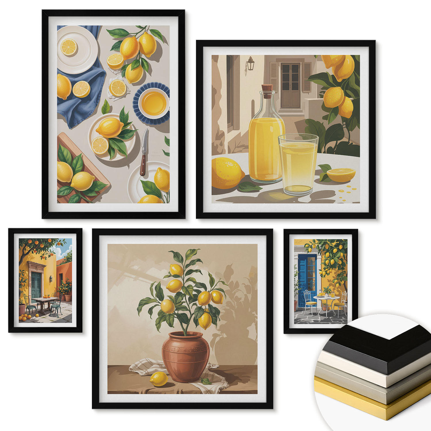 WANDBILDER 5er-Set - 50x50 cm & 20x30 cm & 40x60 cm Schwarzer Rahmen - Bunte Strandhäuser - Schwarz, Kunststoff (40/60cm) - ArtPrintCave