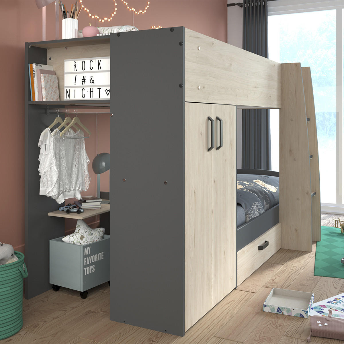 ETAGENBETT Eiche- und Graudekor mit Stauraum 90x200 - Stim - Apfelbaumfarben, Holzwerkstoff (90/200cm) - Calicosy
