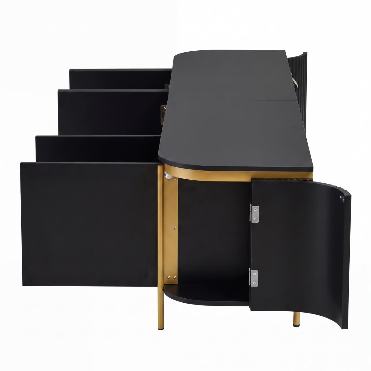 TV-LOWBOARD 180cm MDF Riffel-Optik 6 Türen Gold-Details - Schwarz, Holzwerkstoff (180/46/38cm) - Urban Meuble