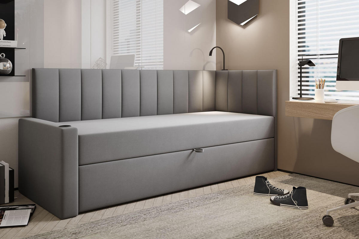 JUGENDBETT, 90 x 200 cm, Tokio, Bett mit Bonellmatratze H3 und Bettkasten, Einzelbett, Grau - Grau, Holzwerkstoff/Kunststoff (90/200cm) - Trada