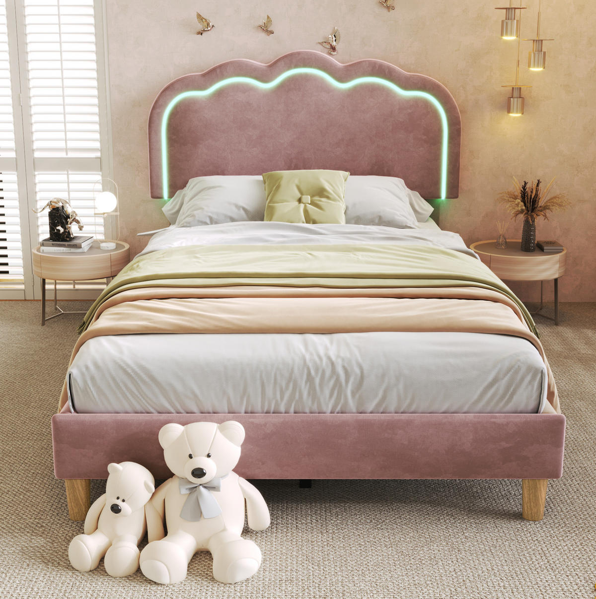 SAMT-POLSTERBETT 90/190 cm in Rosa mit LED-Beleuchtung und verstellbarem Kopfteil - Pink, Textil (90/200cm) - BEAOK