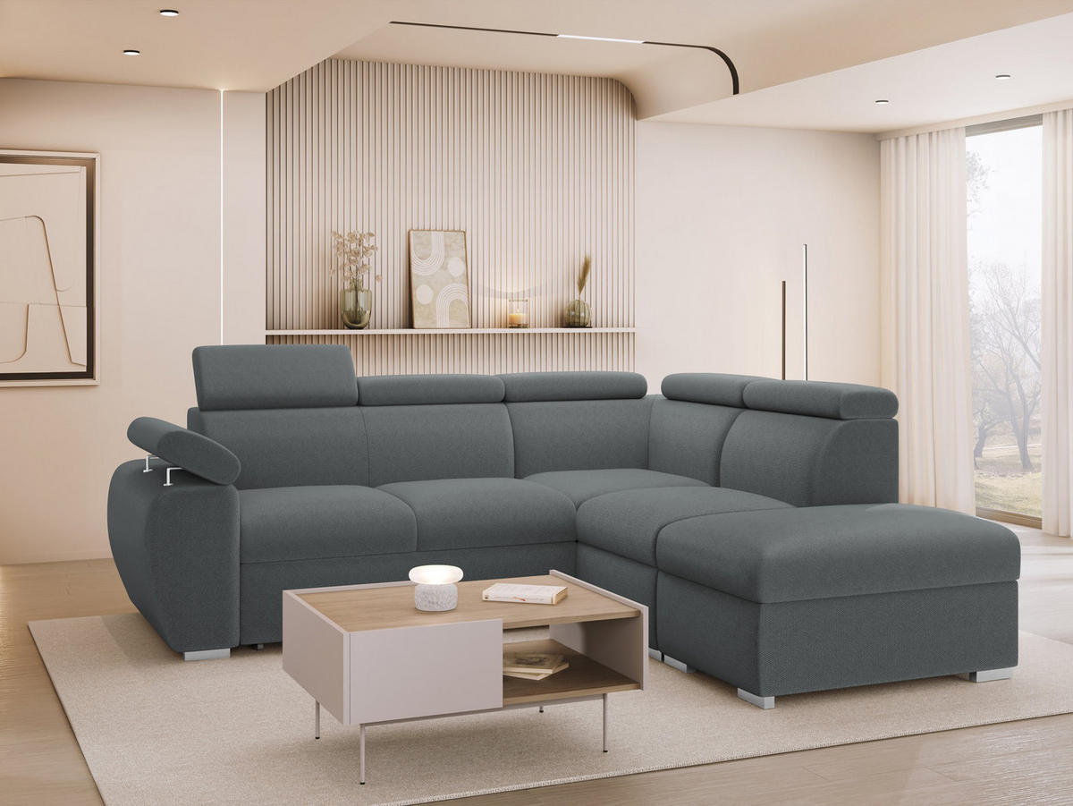 ECKSOFA Boston 2RR1P, Seite: Rechts 2R+R+1P(65)+PUFAP - Silberfarben/Grau, Holz/Textil (260/230cm) - MIRJAN24