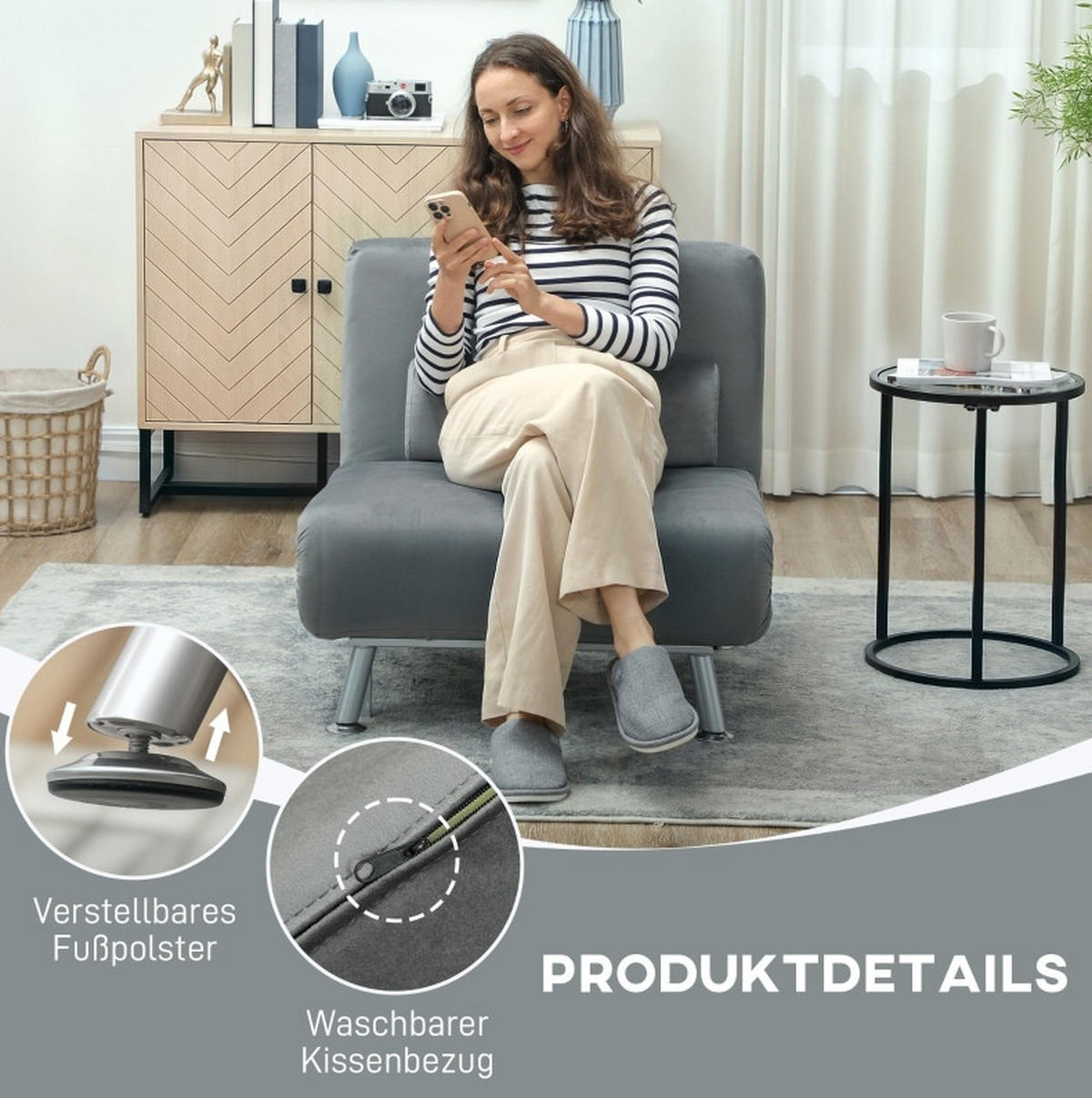 SCHLAFSESSEL 70/75/75 cm mit Liegefläche 75/180 cm – klappbar, platzsparend - Grau, Textil (70/75/75cm) - BEAOK