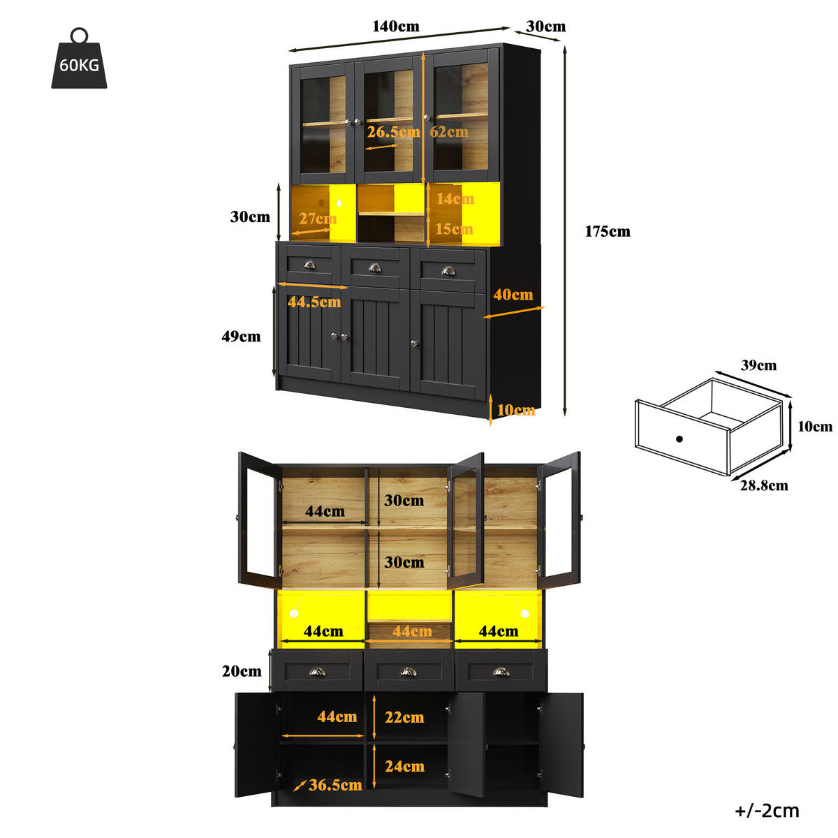 GESCHIRRSCHRANK aus MDF 140x40x175cm in Schwarz mit LED-App-Steuerung - Schwarz, Holzwerkstoff (140/175/40cm) - Modfu