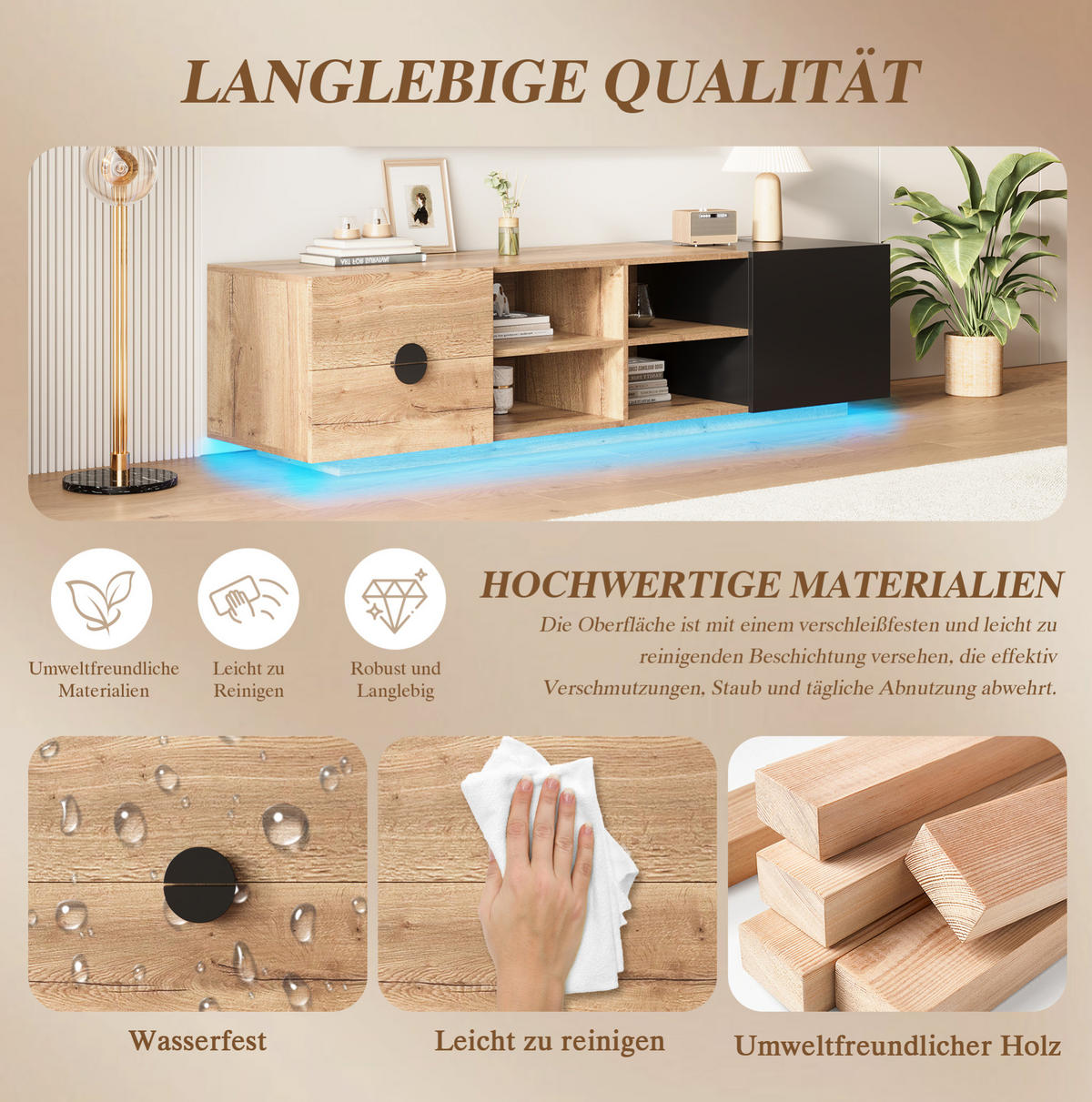 TV-SCHRANK 180/38,5/47 cm schwarz aus Holzwerkstoff mit LED - Schwarz, Holzwerkstoff (180/47/38.5cm) - OKWISH