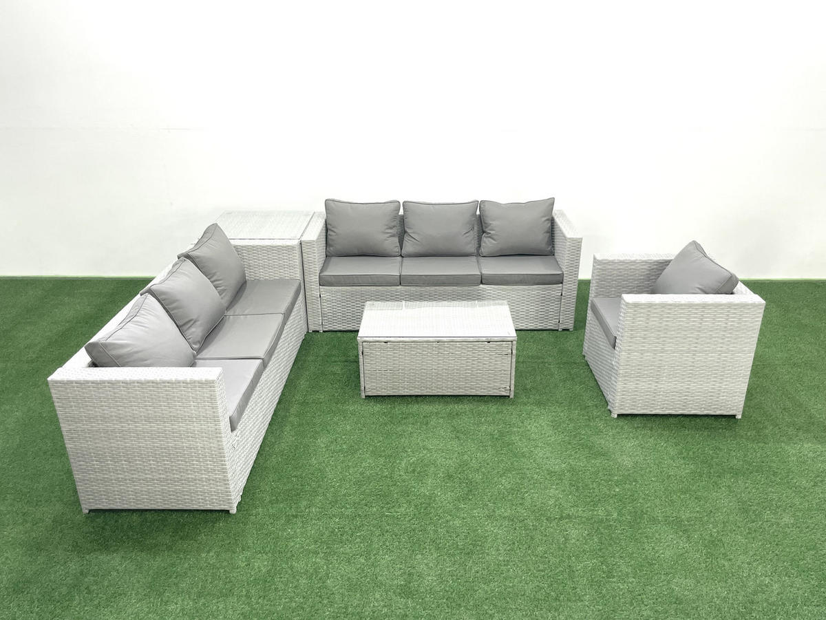 GARTENGARNITUR mit 3-SITZER SOFA,COUCHTISCH Polyrattan Hellgrau-Mix 7-Sitzer - Hellgrau/Grau, Glas/Kunststoff - Fimous