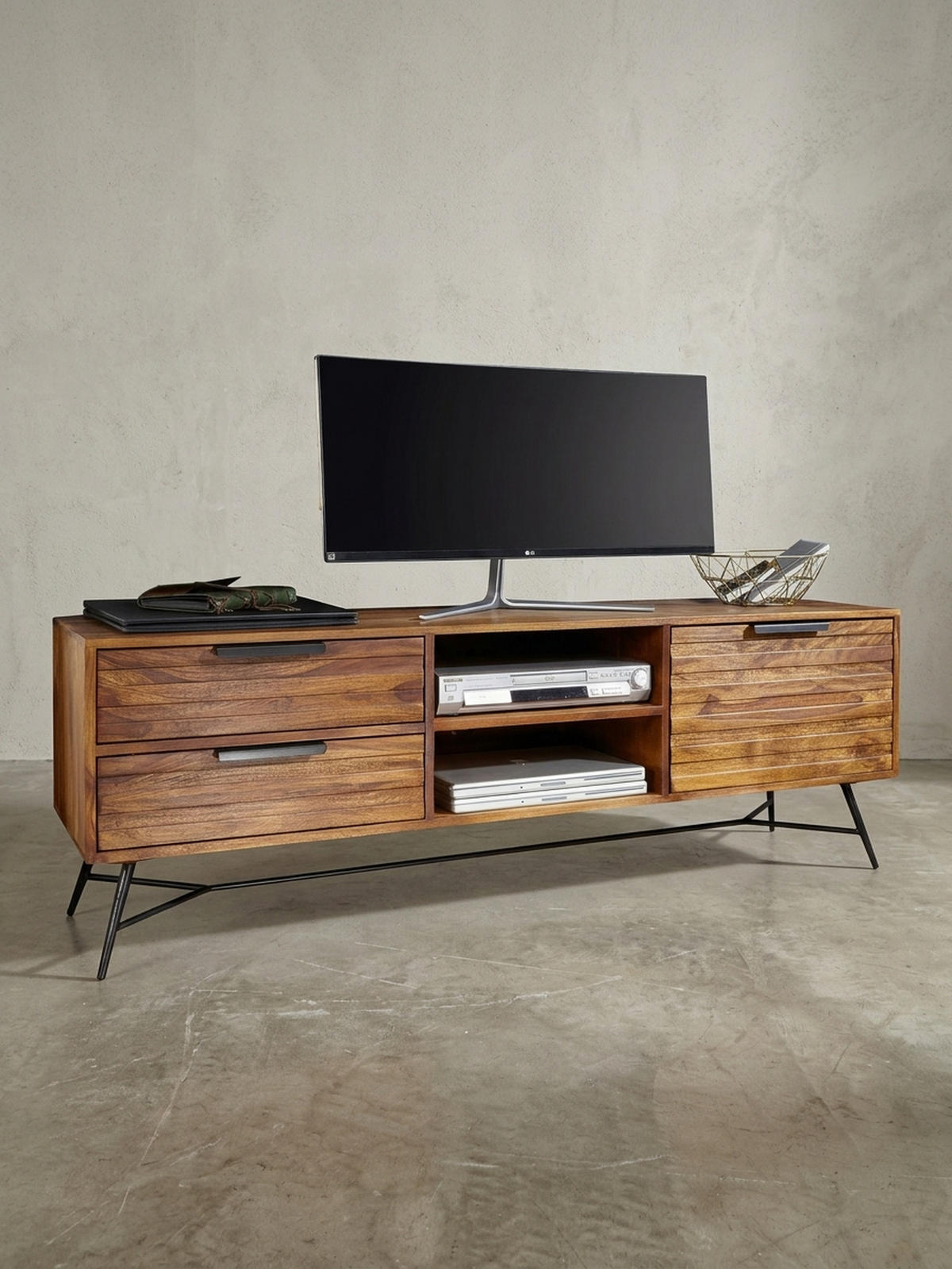 LOWBOARD Massivholz Industrial Stil 160x54x40 cm Modell NISHAN mit Stauraum und Schubladen - Schwarz/Braun, Holz/Metall (160/54/40cm) - KADIMA DESIGN
