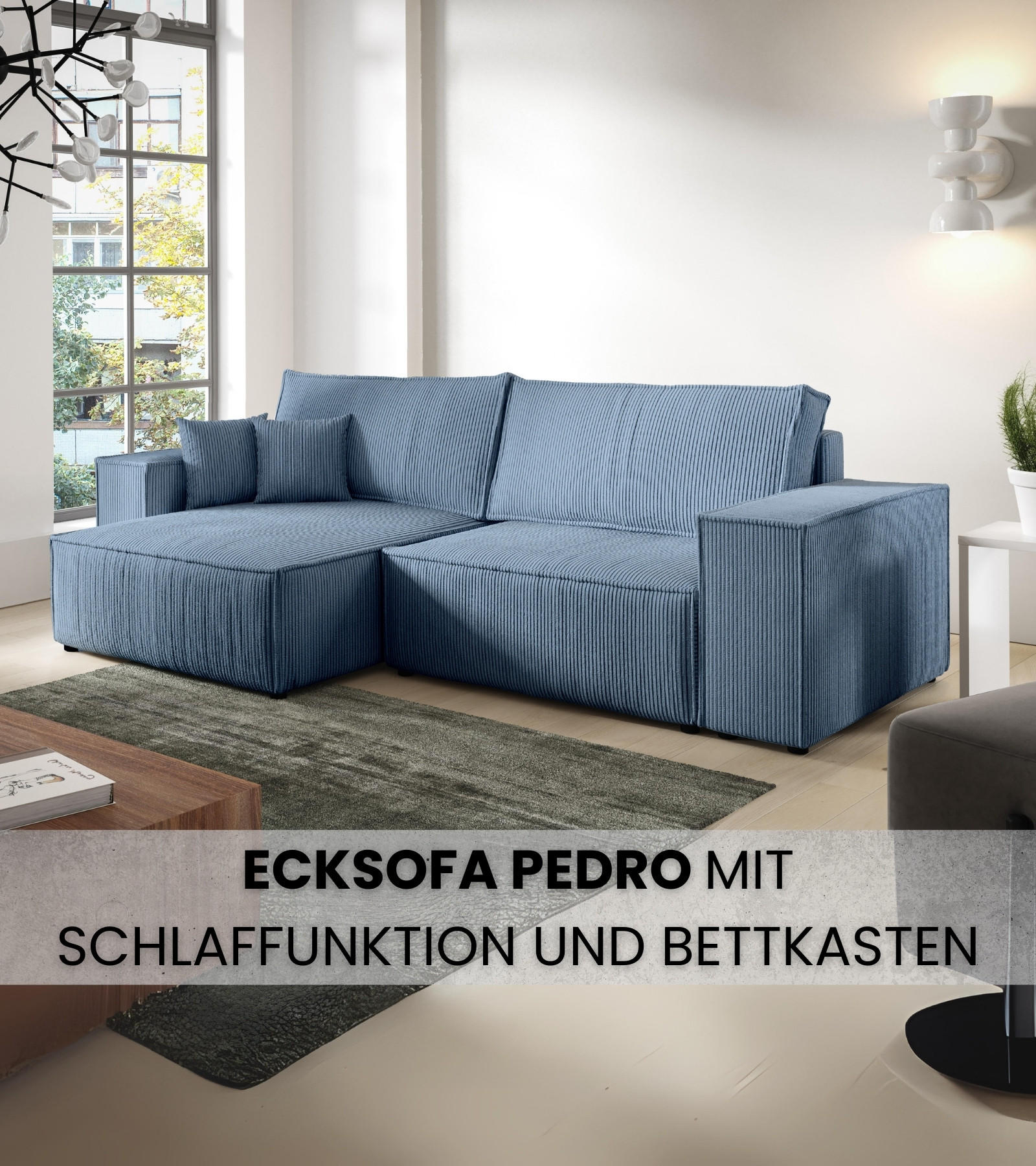 ECKSOFA Pedro mit Schlaffunktion Himmelblau Cord - Blau, Textil (255/153cm) - Bromarkt