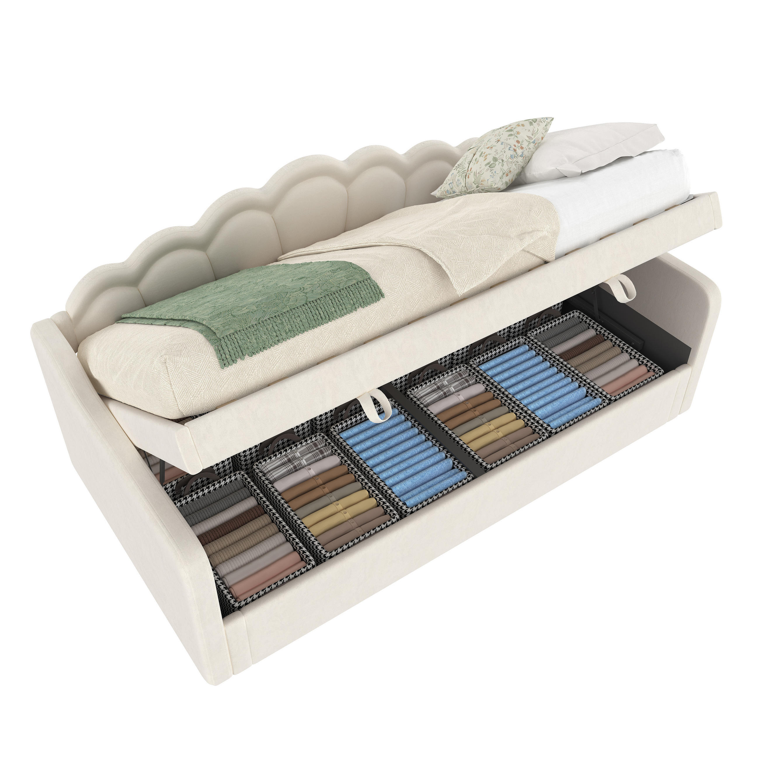 TAGESBETT 90/200 cm beige mit hydraulischem Stauraum und LED-Beleuchtung - Beige, Textil (90/200cm) - OKWISH