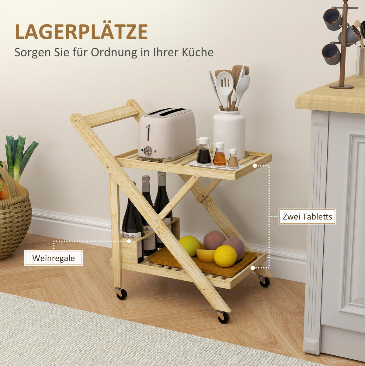 KÜCHENINSEL 66/40/70 cm klappbar mit Rollen, 2 Ablagen und Weinregal aus Bambus, Natur - Hellbraun, Naturmaterialien (66/70/40cm) - Redom
