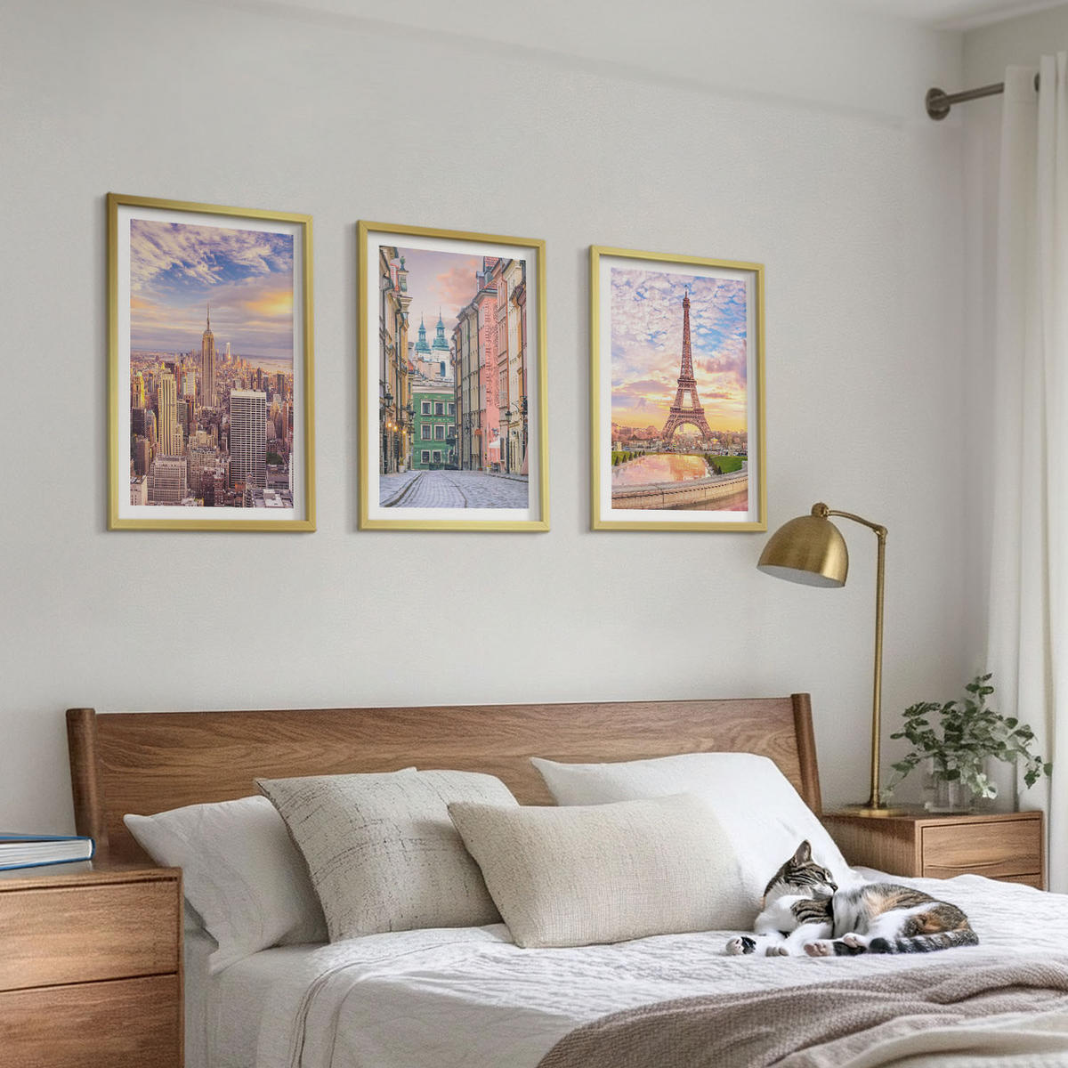 WANDBILDER 3er Set - 40x60 cm Goldrahmen - Städte New York Paris Dämmerung - Goldfarben, Kunststoff (40/60cm) - ArtPrintCave